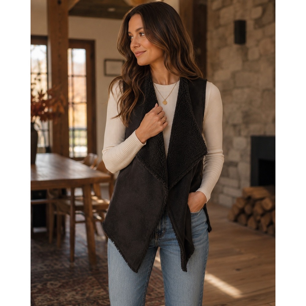 Velvet by Graham & Spencer Black Faux Shearling Sherpa Drape Vest XS Womens‎